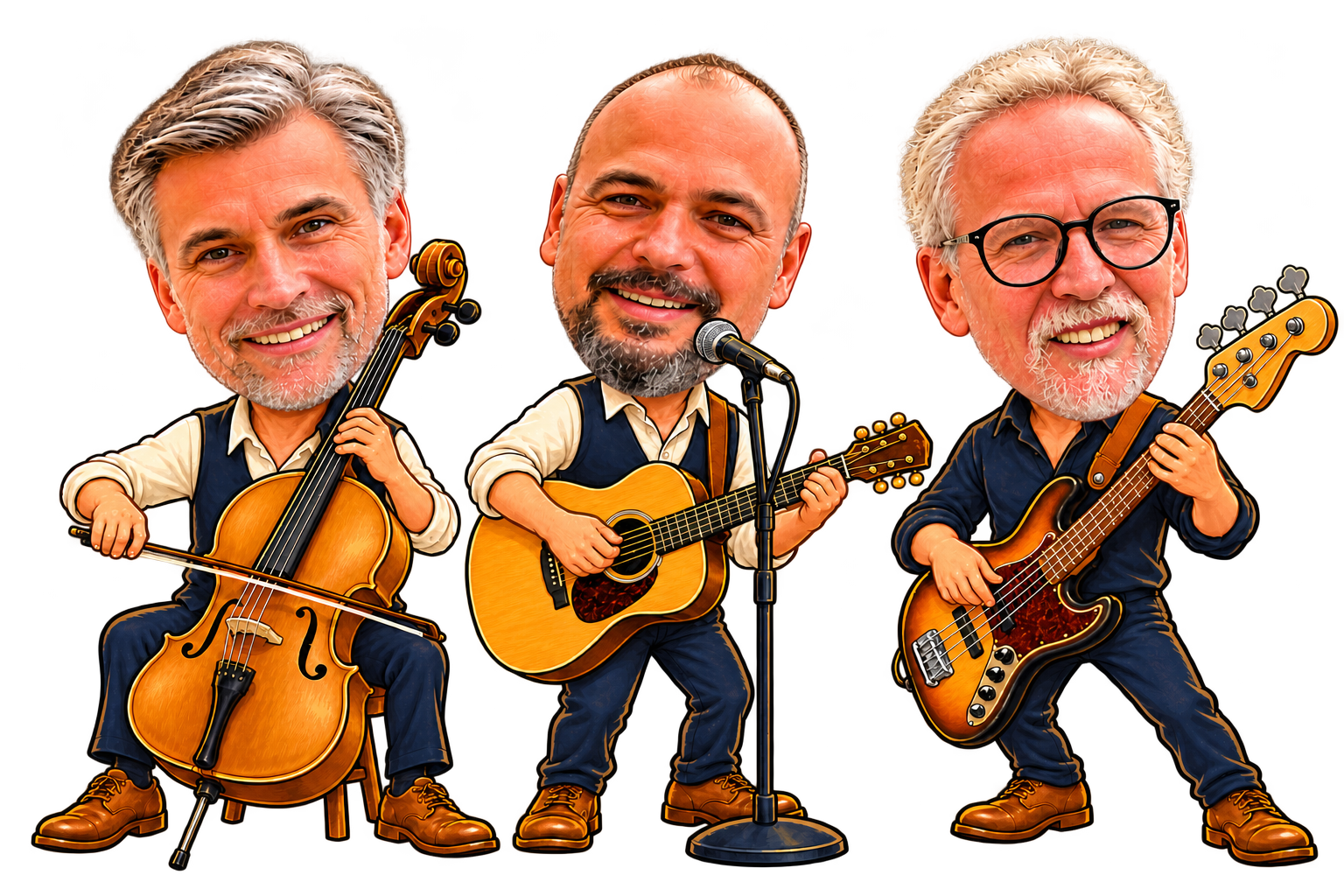 Die Band als selbstironische Zeichentrickfiguren: Matthias Dathe links am Cello, Dagobert Weiß in der Mitte mit Gitarre und Mikrofon, Frank B. Schulze rechts am Bass.